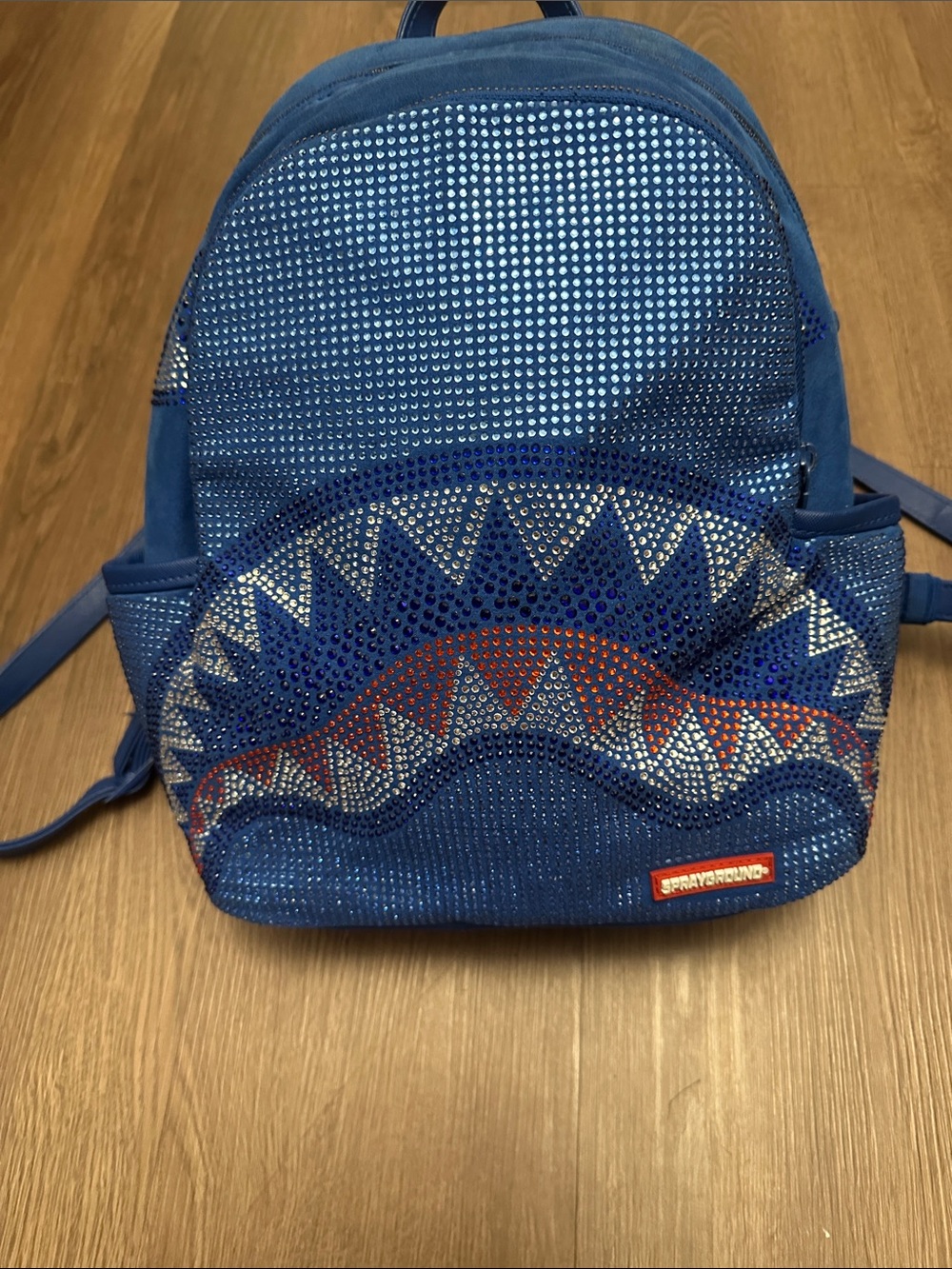 Sprayground Blue Rhinestone Shark Mouth Mini Backpack with Red Accent